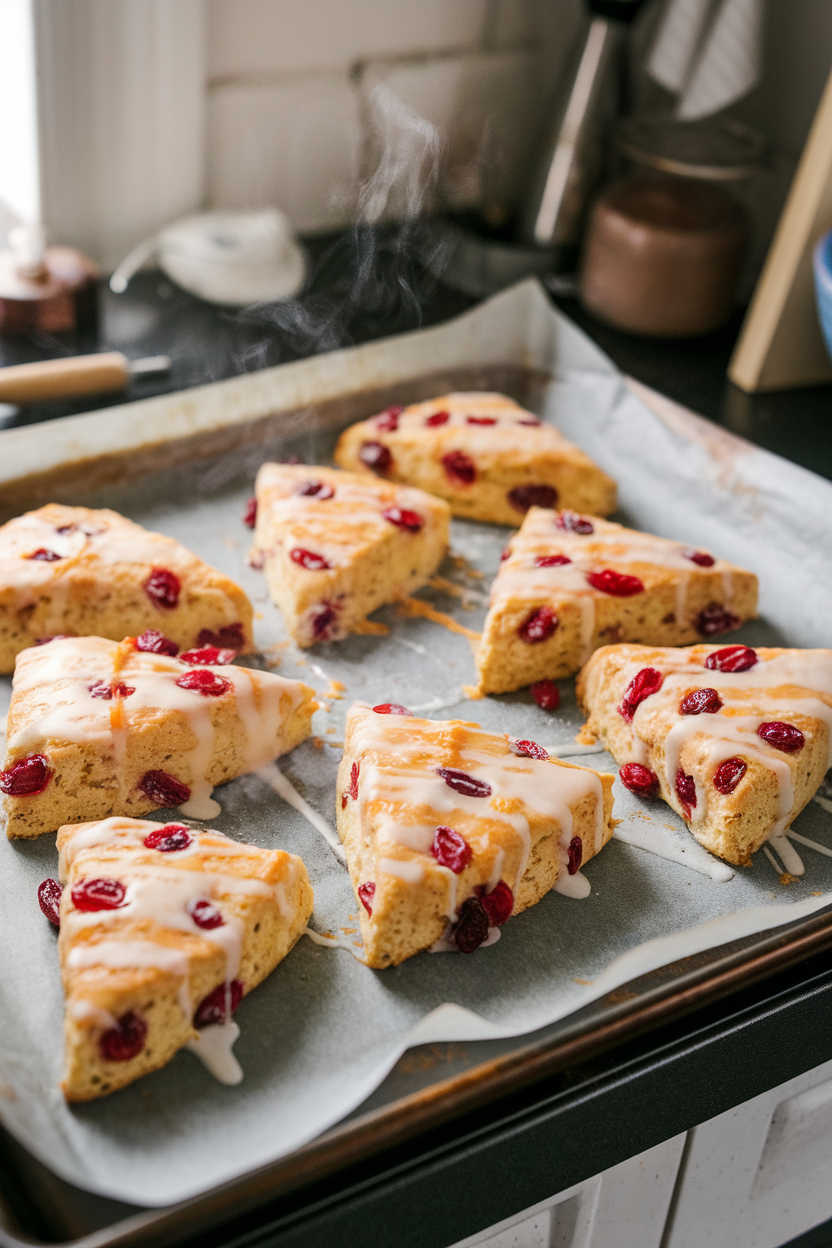 A parchment-lined baking sheet on an indoor counter showcasing triangular scones studded with cranberries and brushed with orange glaze, steam faintly rising. Photo only, no text or logos.