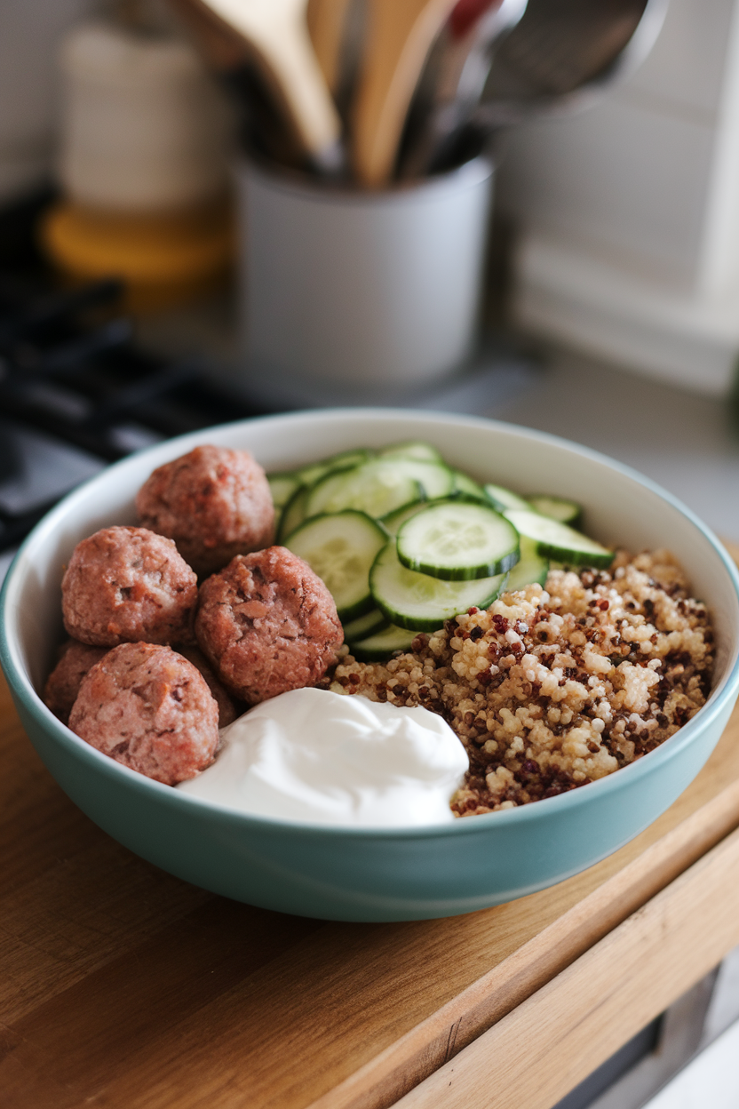 Indoor photo of a bowl divided into sections featuring turkey meatballs, cucumber salad, quinoa, and a dollop of plain yogurt, no text or logos.