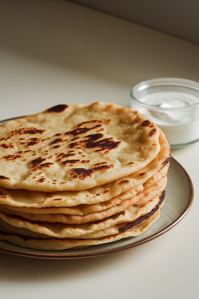Photo prompt: A stack of golden fenugreek flatbreads on an indoor plate, edges slightly charred, with a dollop of yogurt on the side. No text or logos.