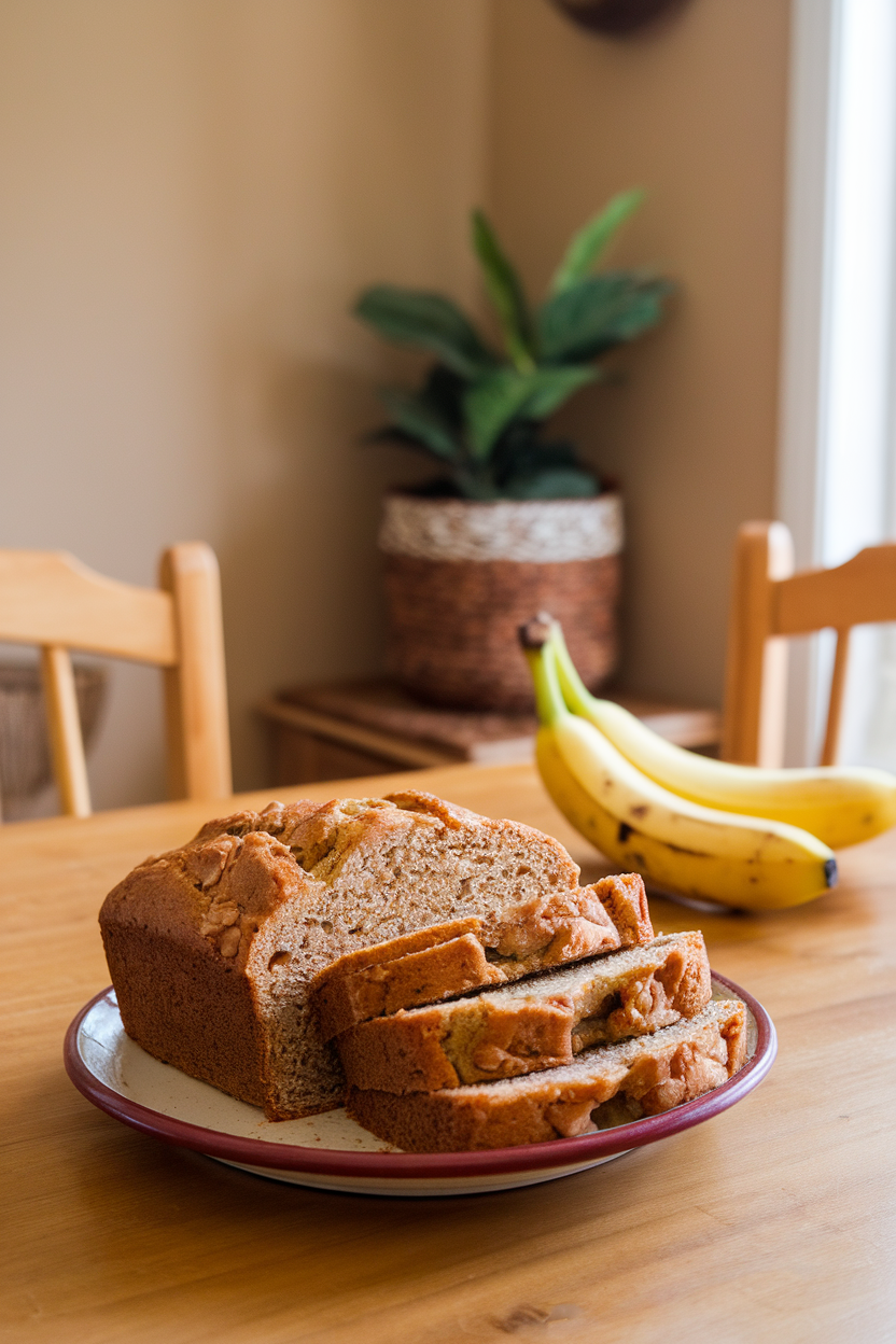 An indoor breakfast nook showing thick slices of buckwheat banana bread on a ceramic plate, ripe bananas in the background. No text or logos. Photo only.