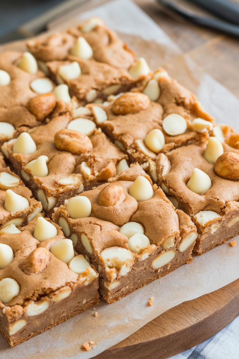 Indoor photo of blondie squares with visible macadamia nuts and white chocolate chips, laid on parchment, no text or logos
