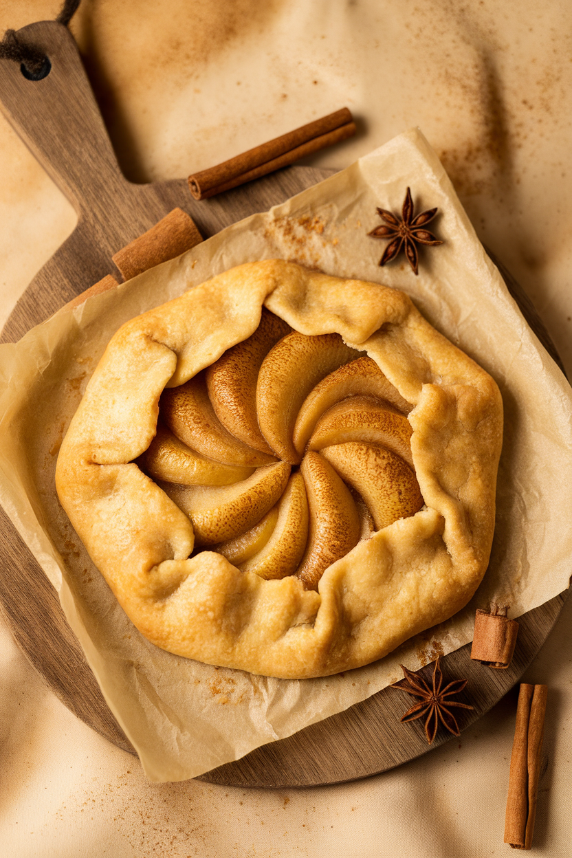 Indoor rustic wooden board holding a golden pear galette with visible star anise and cinnamon sticks nearby; no text or logos. Photo, not illustration.