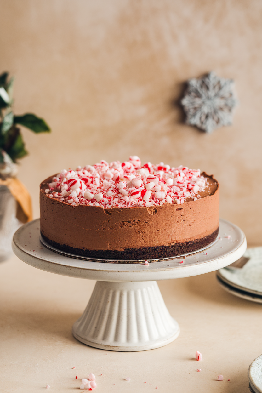 Indoor photo of a chocolate cheesecake garnished with crushed peppermint candies on a cake stand; no text or logos