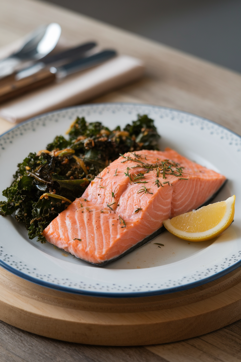 Photo prompt: An indoor plate of cooked salmon fillet with a wedge of lemon and side of sautéed kale, no raw fish, no text or logos.