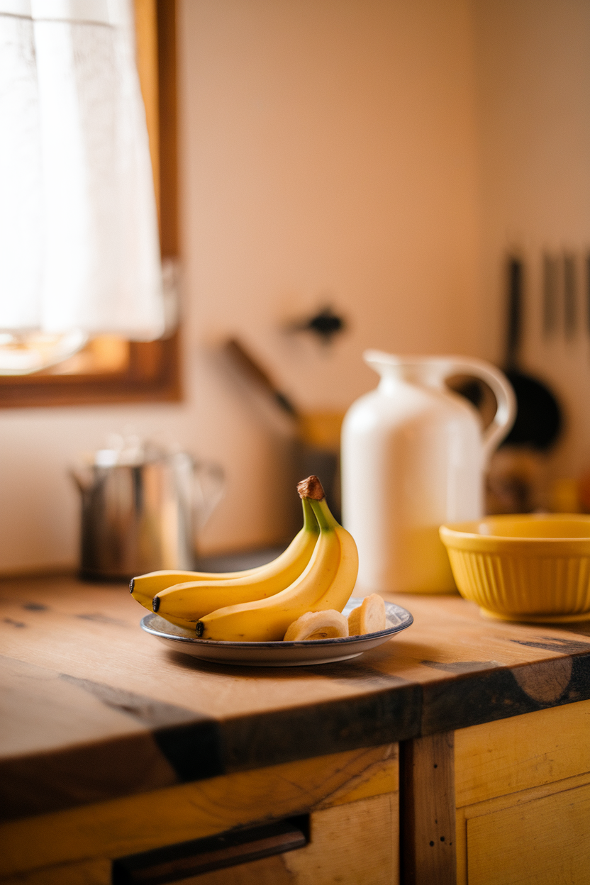 Indoor kitchen counter with a small bunch of ripe bananas, one peeled and resting on a plate; warm light; no text or logos. Photo.