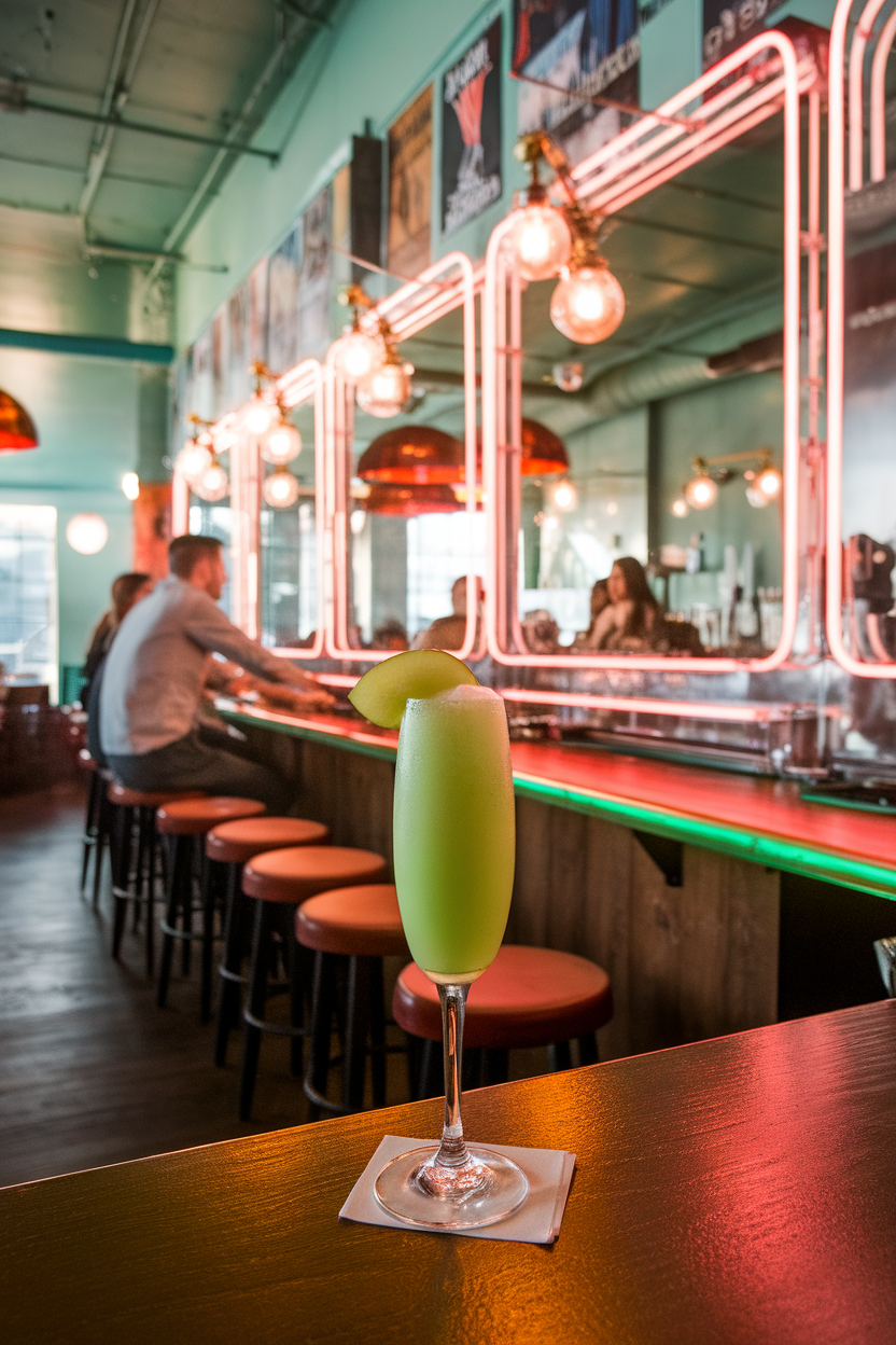 An indoor neon-lit bar with a flute of bright green Midori mimosa, thin honeydew wedge garnish. Photo, not illustration. No text or logos.