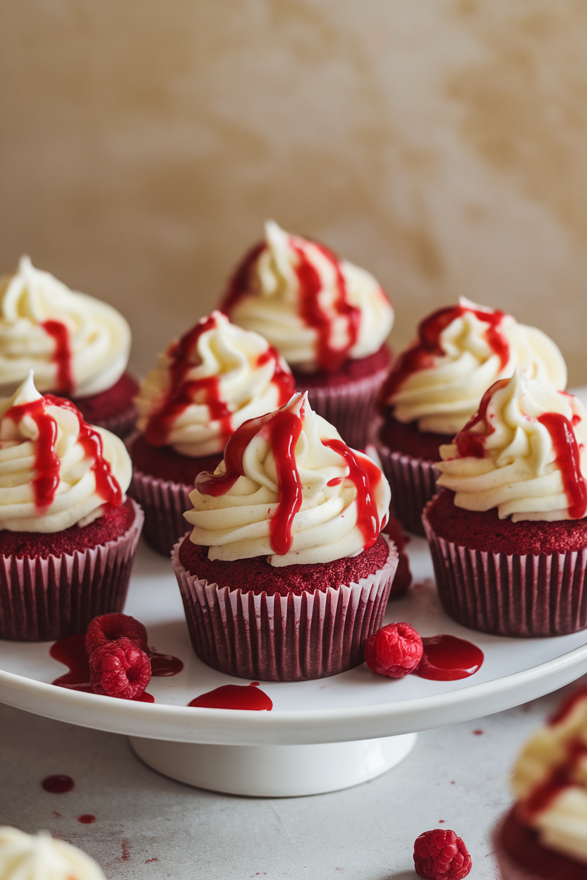 Indoor shot of red velvet cupcakes with cream-cheese frosting splattered with red berry sauce to resemble “blood,” no text or logos.