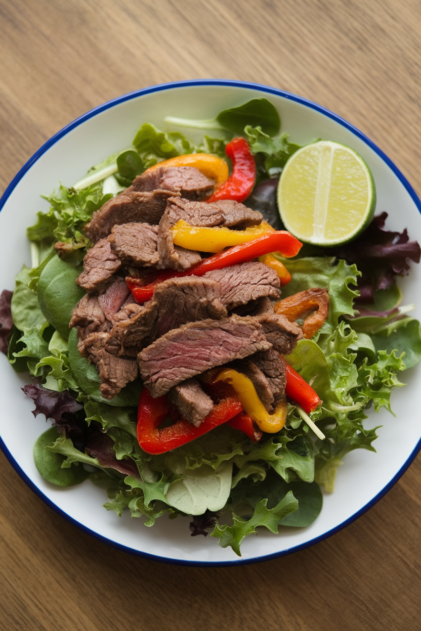 Indoor plate of mixed greens topped with beef strips, sautéed peppers, and a lime wedge—no text or logos.