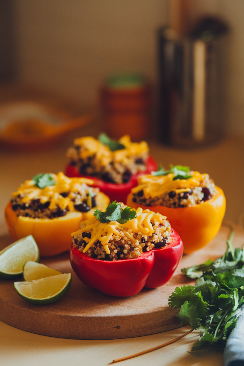 A warmly lit indoor countertop displaying bell pepper halves filled with colorful quinoa, black beans, and corn, cheese lightly melted on top. No text or logos present. Photo, not illustration.