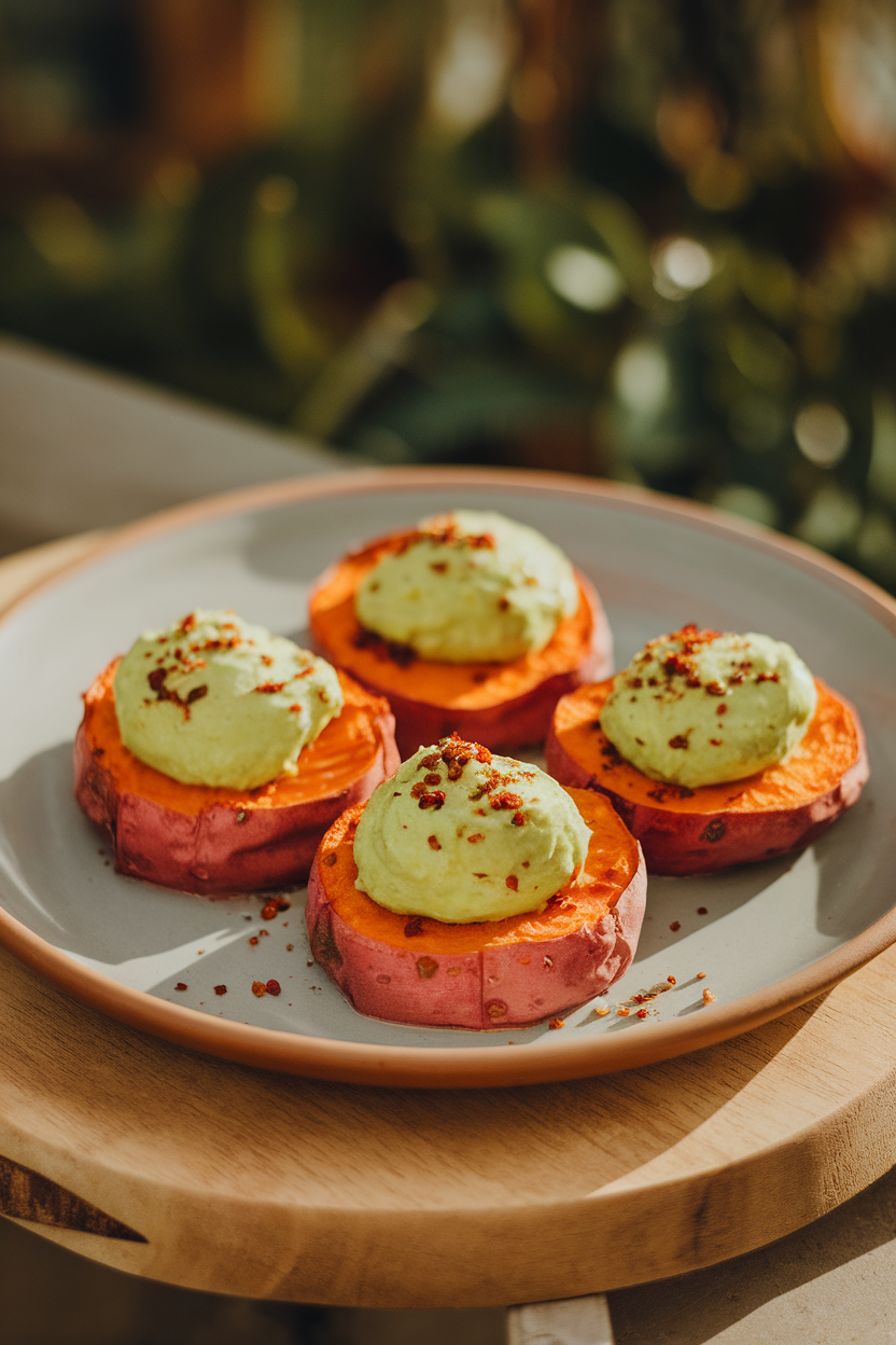An indoor plate of round, roasted sweet potato slices topped with pale green avocado crema and sprinkled with chili flakes. Even warm lighting; no prominent text or logos.