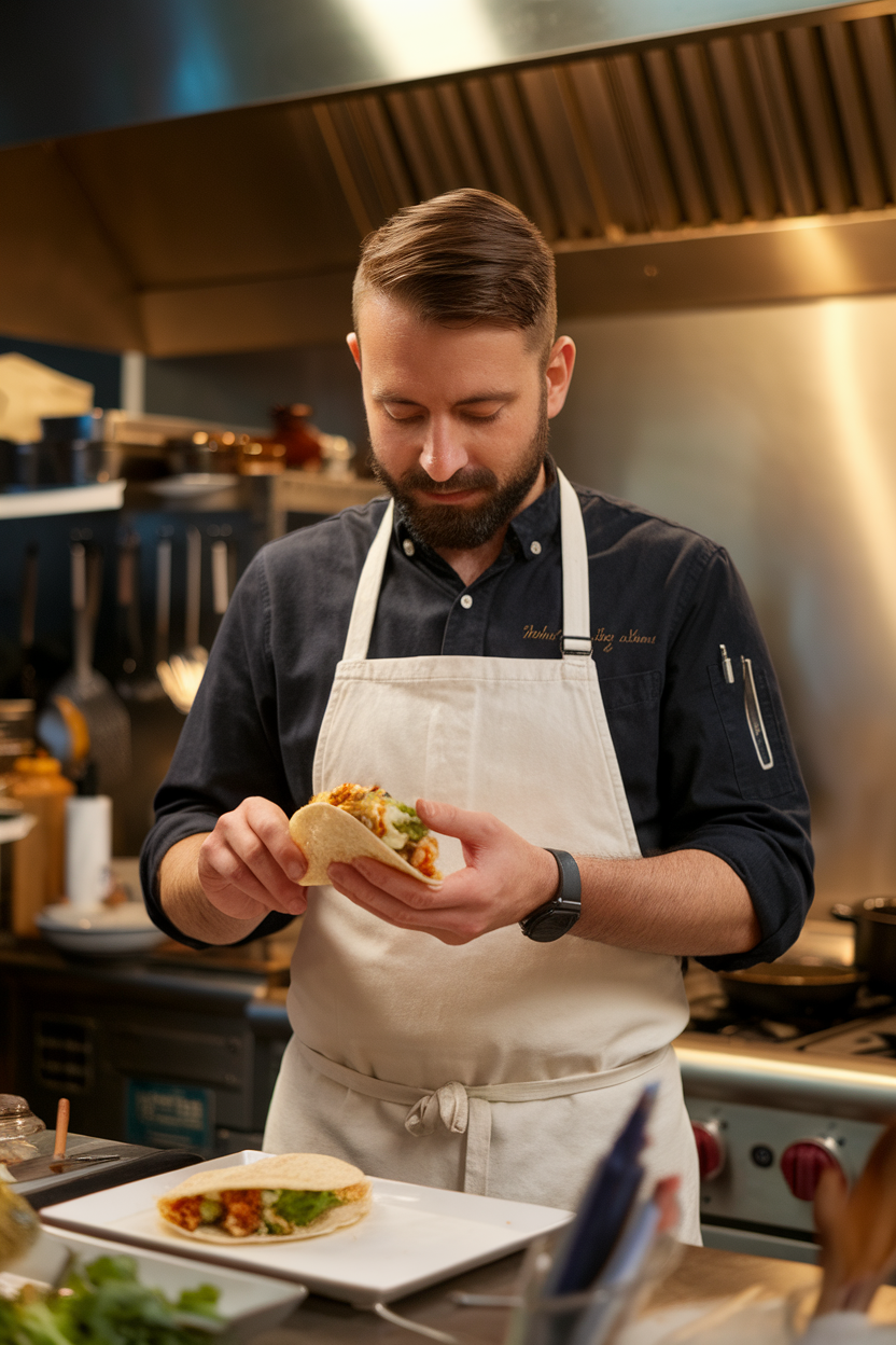 Indoor test kitchen scene with a chef tasting roasted cauliflower tacos, no text or logos. Photo.