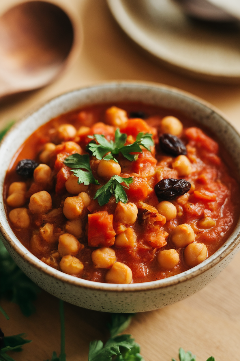 A warmly lit indoor bowl of chunky tomato-based chickpea stew flecked with carrots and raisins, garnished with parsley. No text or logos.