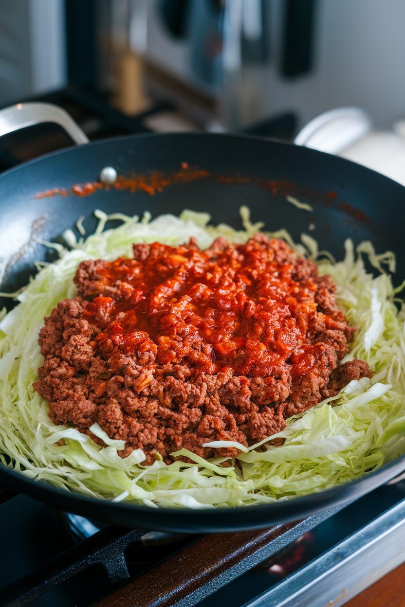 An indoor wok scene showing shredded cabbage and ground beef coated in a red chili sauce. No text or logos. Photo only.