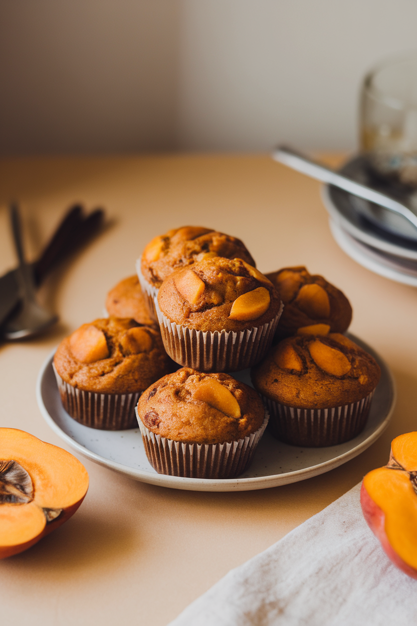 Indoor photo of persimmon muffins with warm spice tones, sliced persimmon nearby, no text or logos