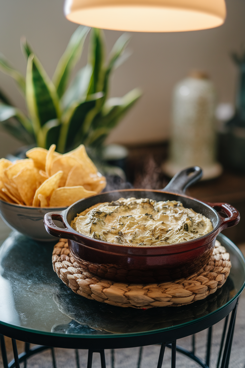 An indoor coffee table with a bubbling ceramic skillet of creamy spinach-artichoke dip beside a bowl of tortilla chips. Soft lamp light, no text or logos. Photo only.