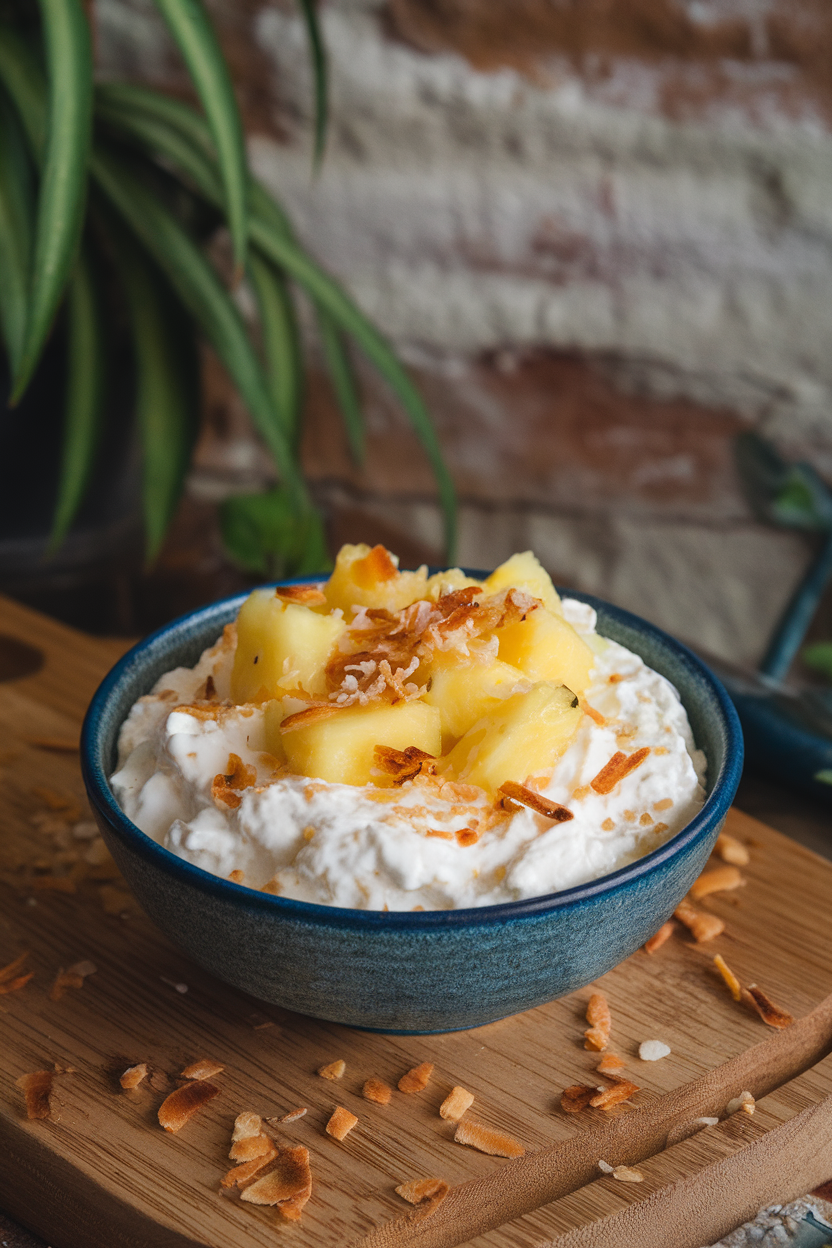 Photo of an indoor bowl containing creamy cottage cheese topped with pineapple chunks and a sprinkle of toasted coconut, no logos in sight.