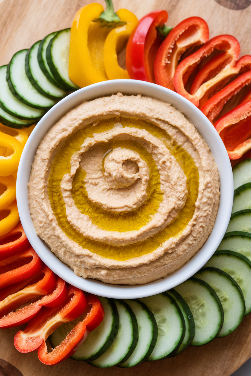 Indoor photo of a bowl of hummus drizzled with olive oil, surrounded by sliced bell peppers and cucumbers, no text or logos