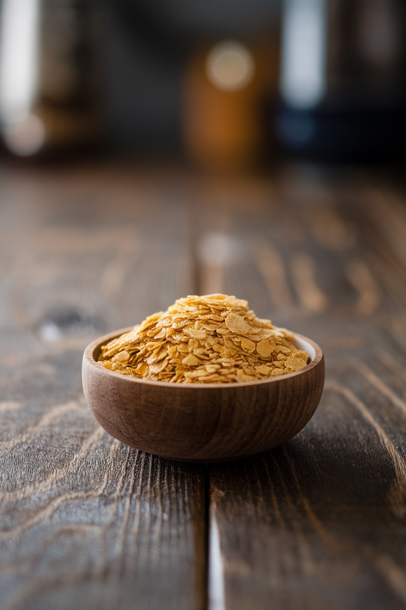Indoor photo of golden nutritional yeast flakes heaped in a small wooden bowl; no text or logos