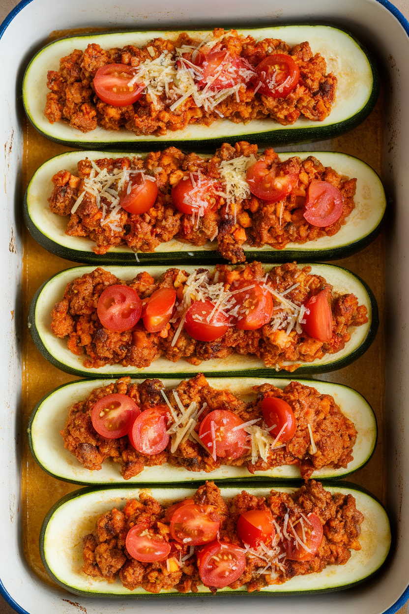 Photo of an indoor baking dish filled with cooked zucchini halves stuffed with spicy ground turkey and diced tomatoes, cheese lightly browned on top, no logos present.