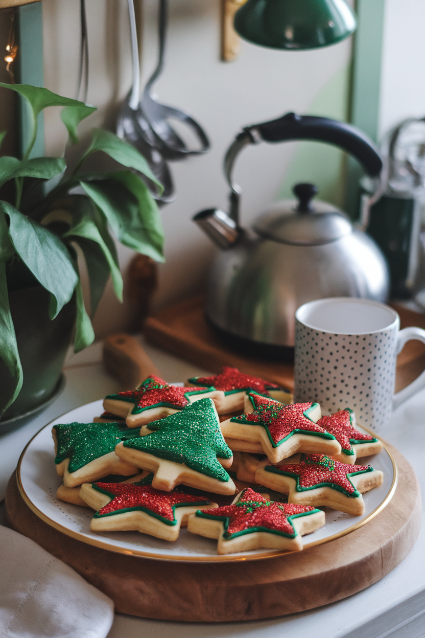A warmly lit indoor kitchen counter showcasing a plate of star- and tree-shaped sugar cookies coated with red and green royal icing and sparkling sanding sugar; no text or logos visible. Photo, not illustration.