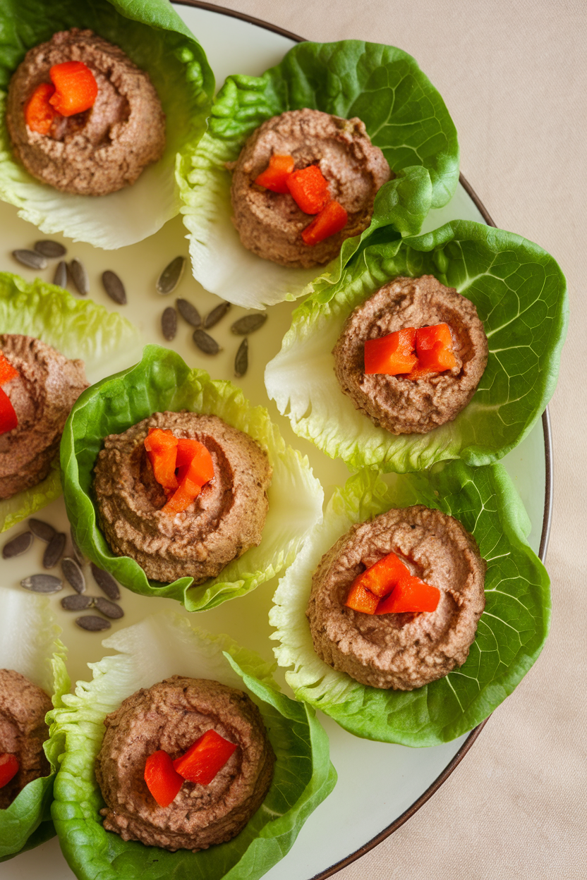 An indoor platter of crisp butter lettuce leaves filled with smooth sunflower seed paté and topped with diced red pepper. This should be a photo, not an illustration. No text or logos anywhere in the scene.