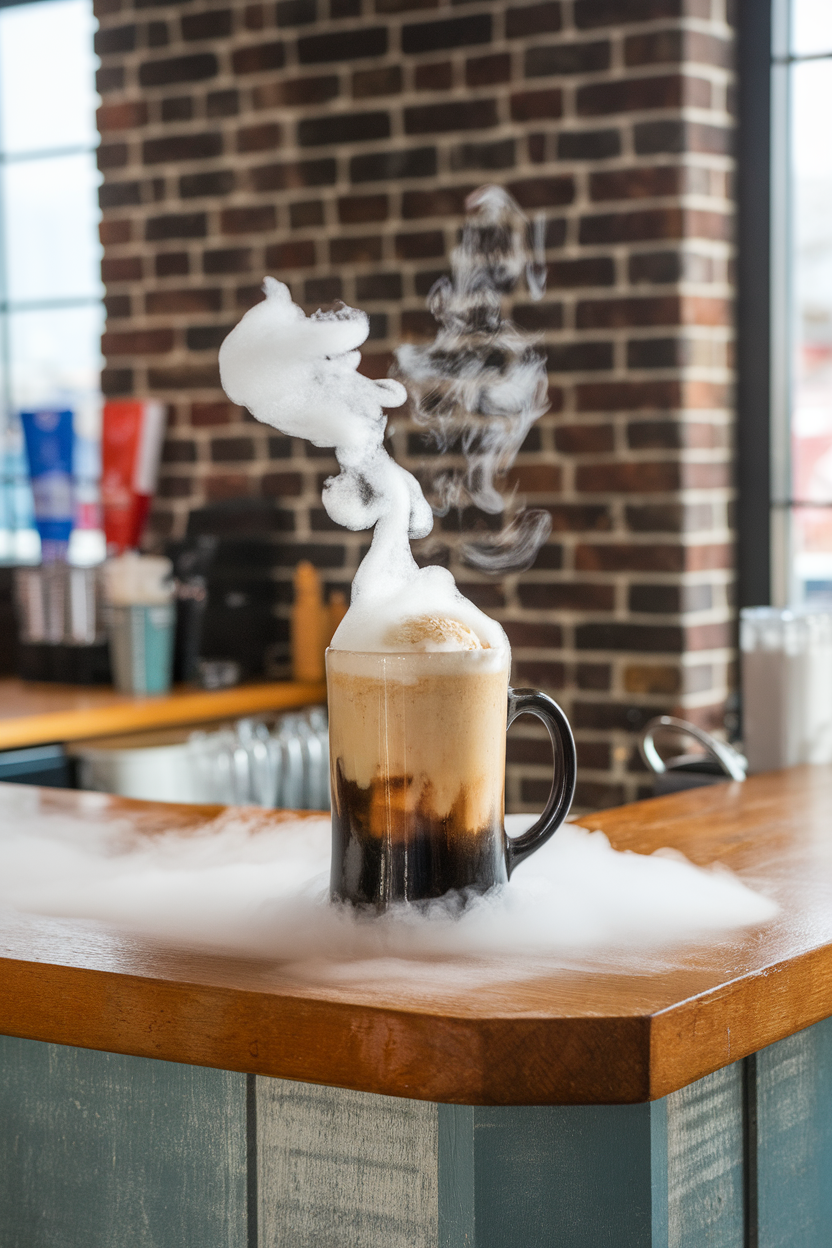 Indoor soda-shop style counter with a black ceramic mug billowing foam from a root beer float, vanilla ice cream submerged halfway, thin vapor of dry ice behind mug. Photo, no text or logos.