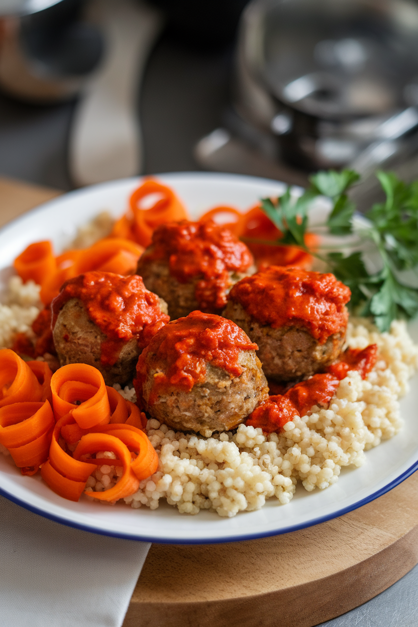 Indoor photo of harissa turkey meatballs, couscous, and roasted carrot ribbons on a plate. No text or logos.