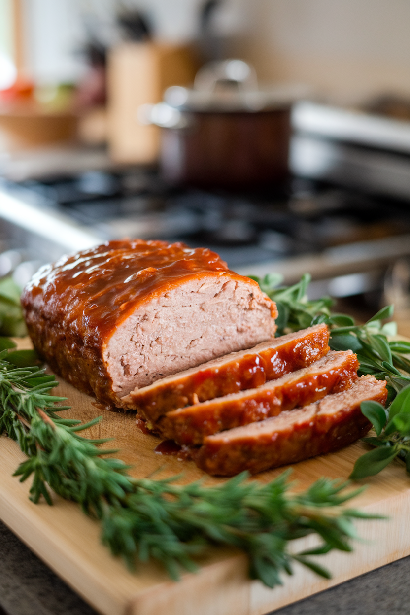 Indoor photo of sliced turkey meatloaf glazed with teriyaki sauce on a cutting board; no text or logos