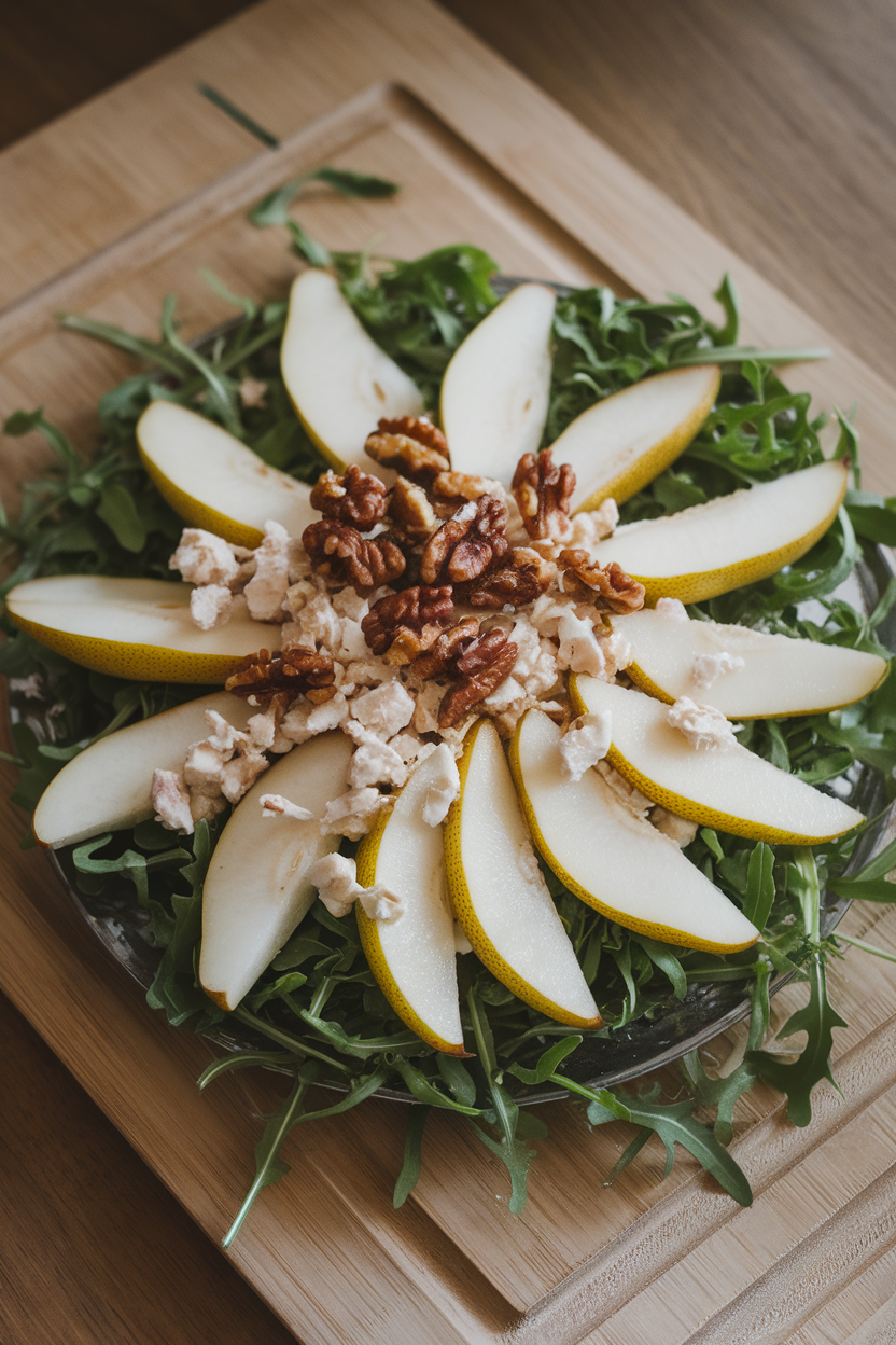 Indoor shot of sliced pears, crumbled gorgonzola, and candied walnuts over arugula on a platter, no text or logos.