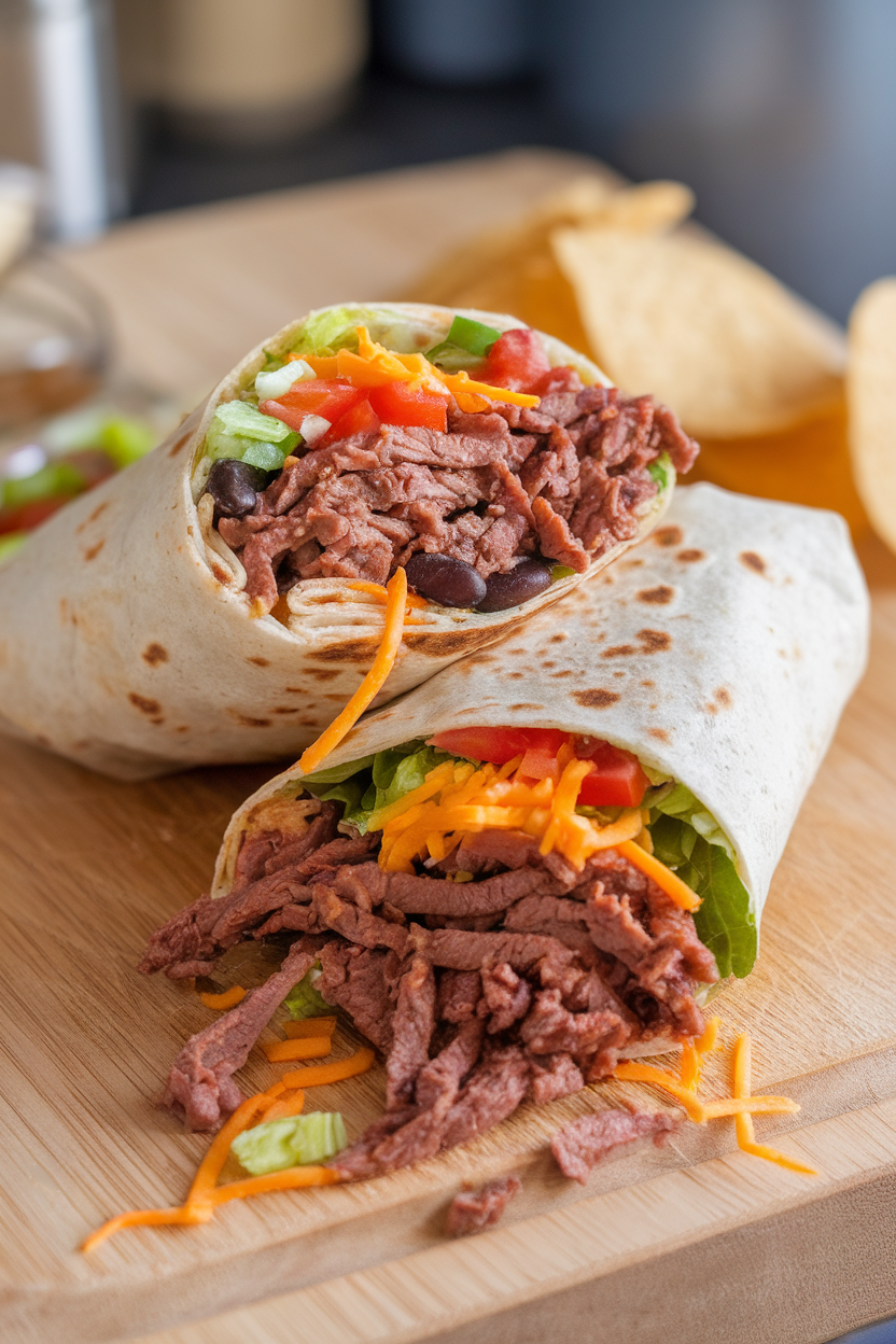 Indoor cutting board with a sliced whole-wheat burrito spilling lean beef, black beans, and colorful veggies. No text or logos visible.
