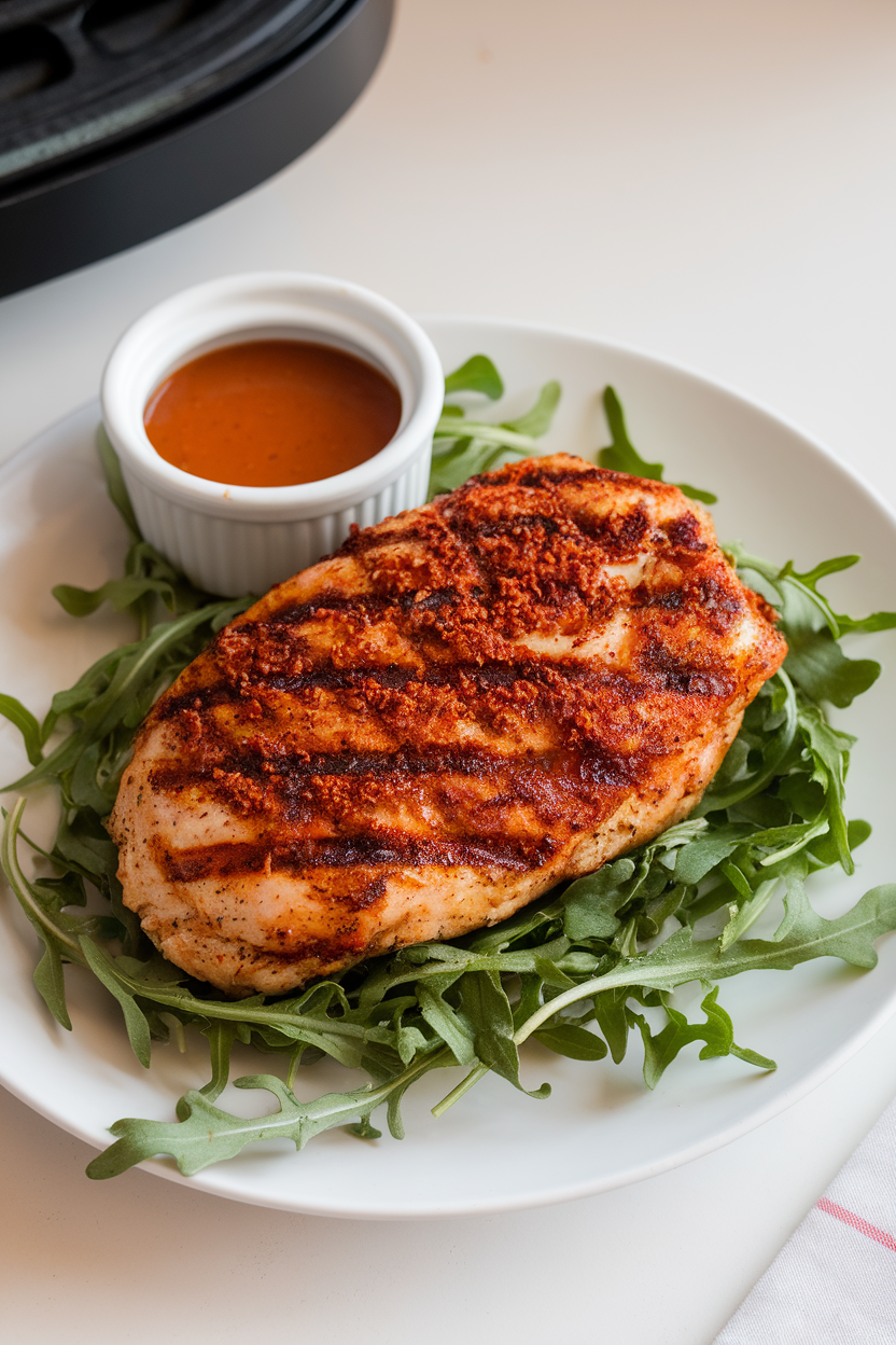 Indoor plate featuring air-fried chicken breast brushed with barbecue spice rub, grill marks visible, accompanied by a small ramekin of sauce. No text or logos.