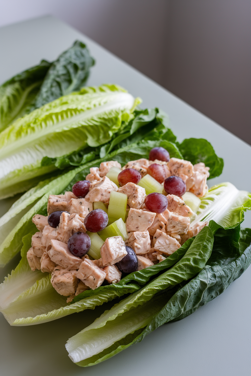 Photo of an indoor table with crisp romaine leaves holding a chicken salad mixture of cooked diced chicken, Greek yogurt, grapes, and celery. No logos or text in view.