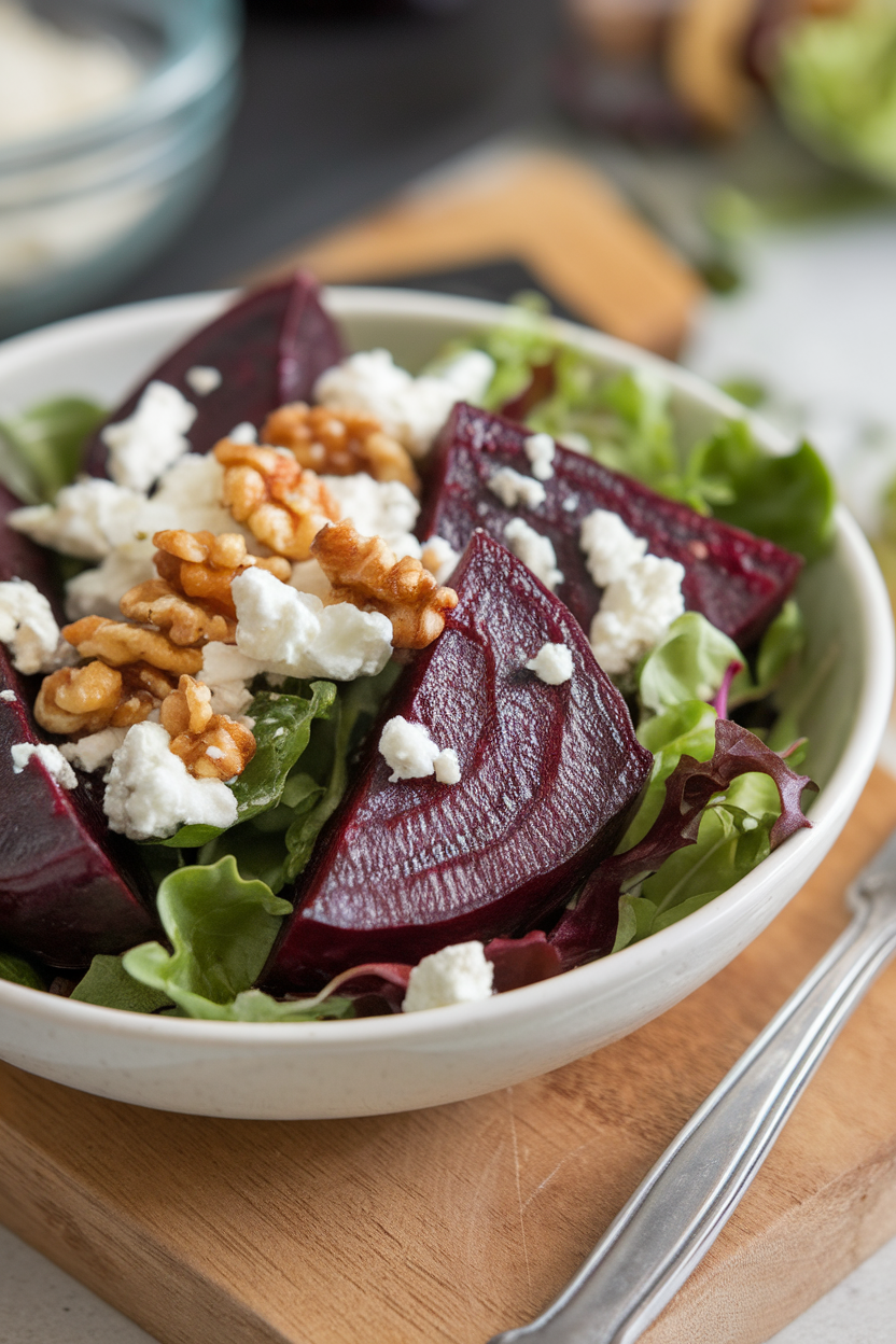 An indoor salad bowl with roasted beet wedges, crumbled goat cheese, baby greens, and toasted walnuts, lightly dressed. No visible branding. Photo.