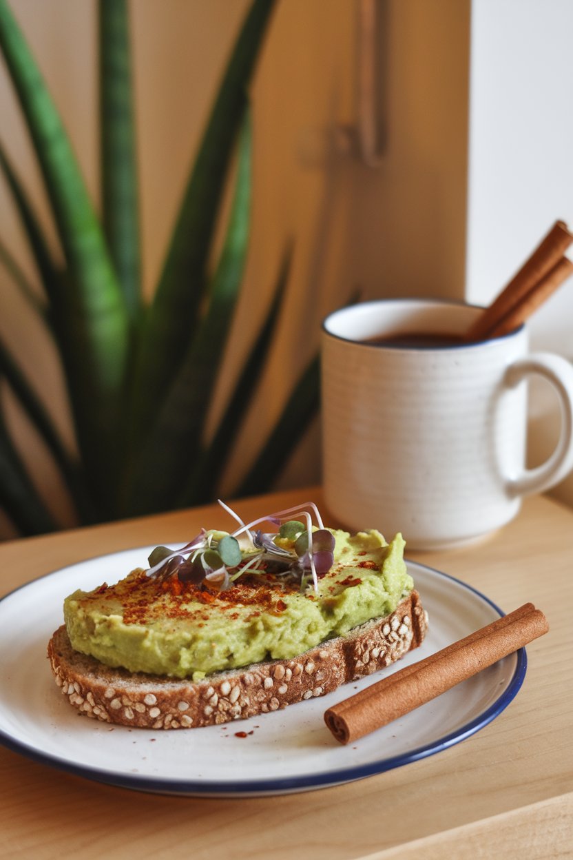 Warm indoor breakfast nook featuring a slice of sprouted grain bread topped with mashed avocado, chili flakes, and microgreens. No text or logos. Photo.