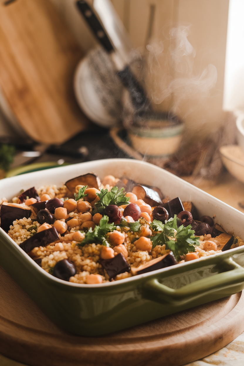 Photo inside a warmly lit kitchen of a casserole featuring roasted eggplant cubes, chickpeas, bulgur wheat, olives, and parsley, steam visible. No visible text or logos.
