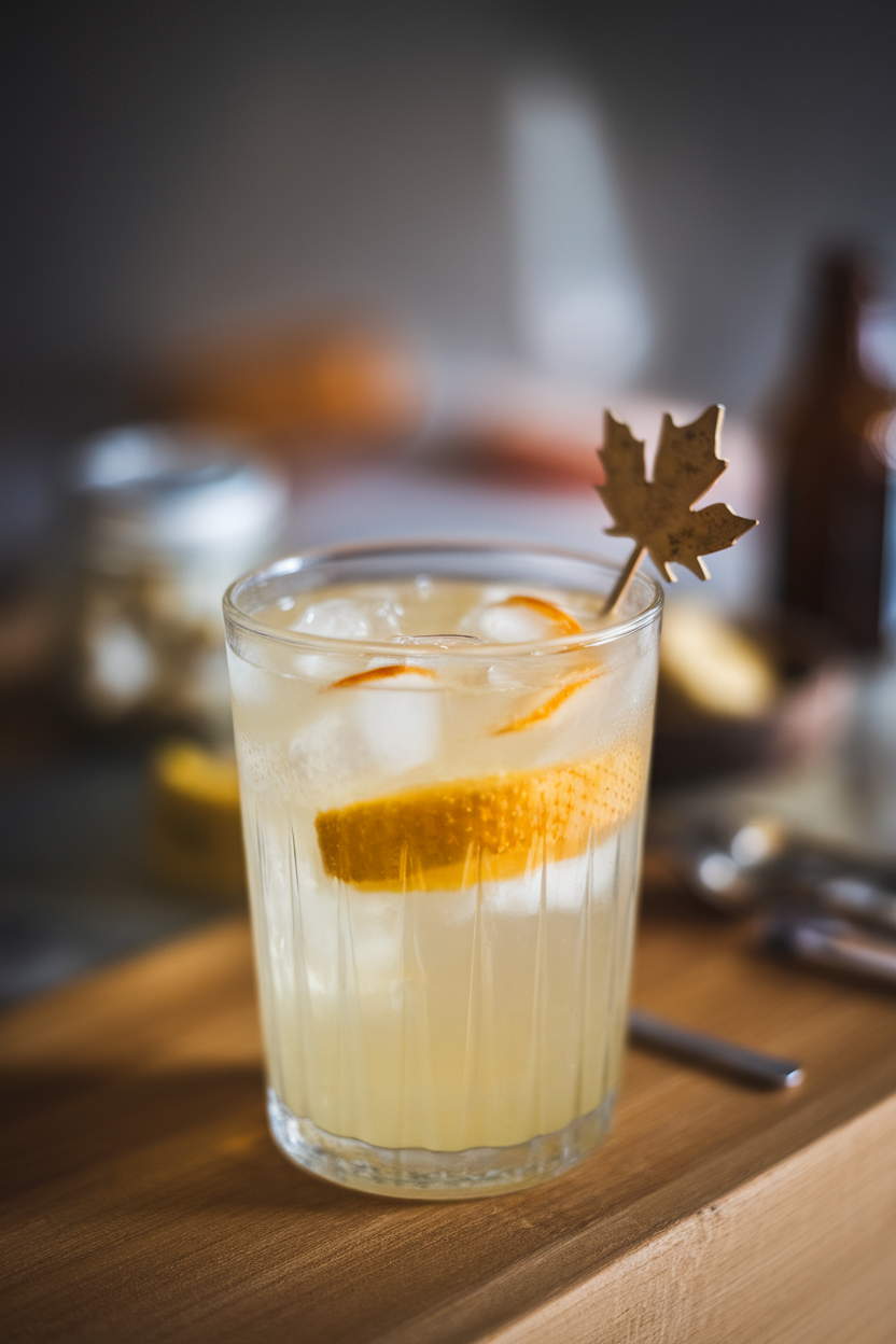 Photo of a glass of pale lemonade with ginger slices and a maple leaf stirrer indoors. No text or logos.
