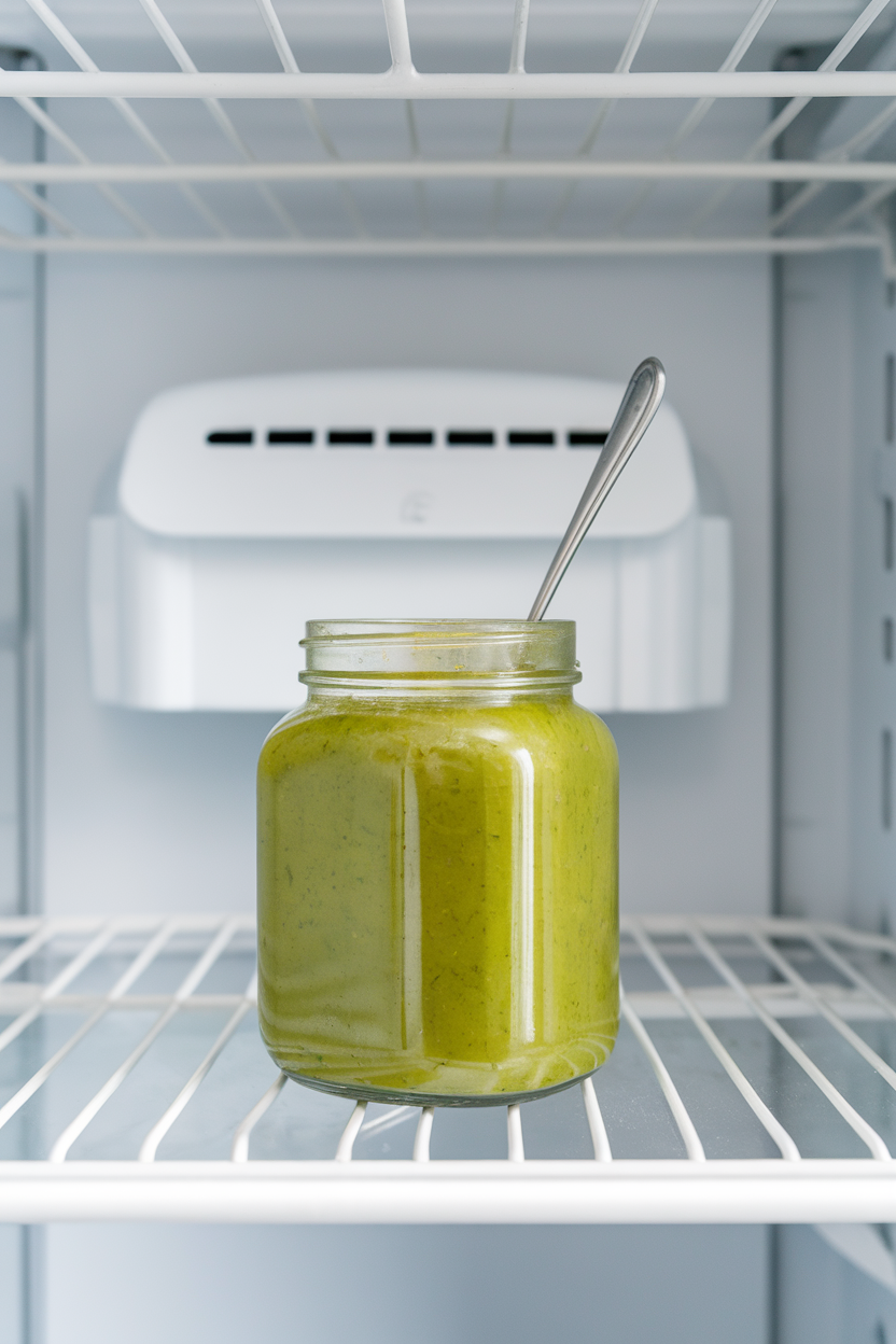 Photo, indoor fridge shelf with a squat jar of bright green salsa verde, spoon leaning inside, no logos.