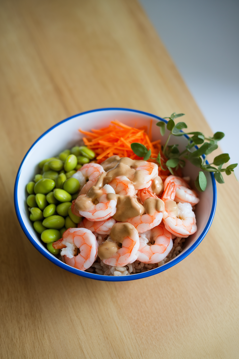 Indoor bowl photo featuring cooked shrimp, shelled edamame, brown rice, shredded carrots, and a drizzle of sesame dressing; bright overhead light, no text or logos.