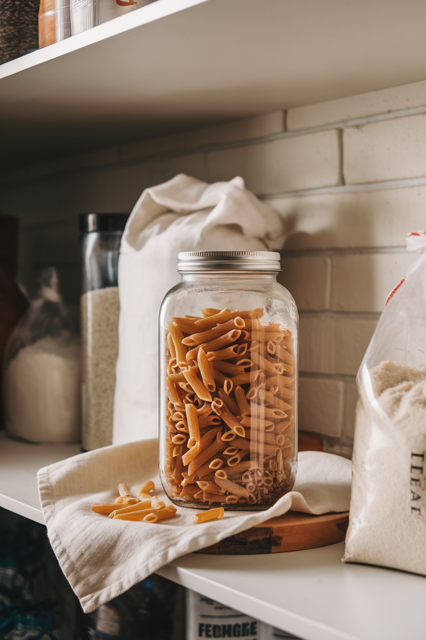 A gently lit indoor pantry shelf with a clear jar of uncooked whole wheat penne spilling slightly onto a linen cloth; no text or logos, photo.