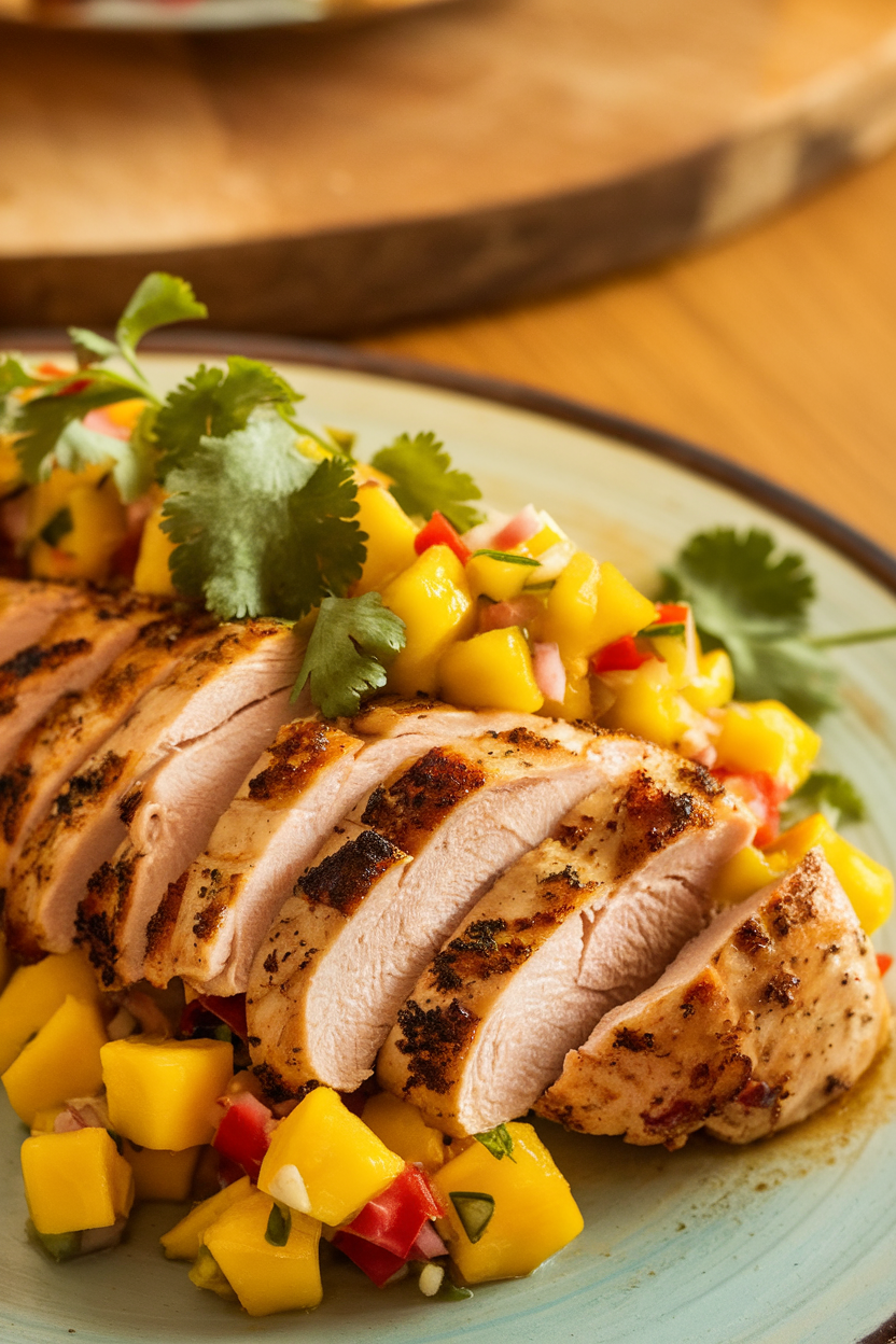 Sliced grilled chicken breast topped with chunky mango salsa on an indoor platter, cilantro garnish. No text or logos. Photo only.