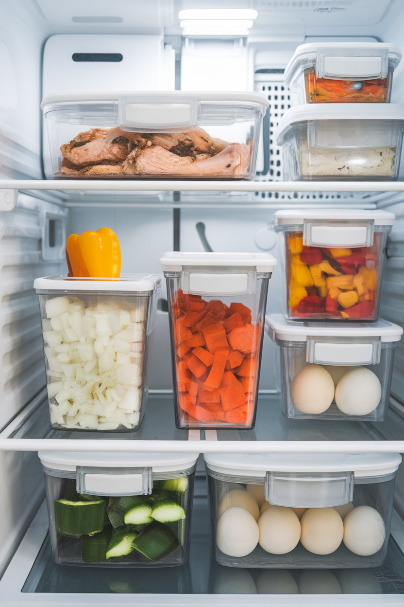 Interior fridge shot showing clear containers of prepped produce, cooked chicken, and boiled eggs, no labels or logos. Photo.