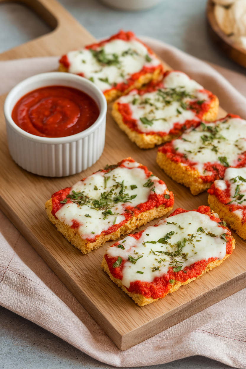 An indoor wooden board with rectangular cauliflower breadsticks topped with melted mozzarella and herbs, marinara dipping cup alongside. No text or logos. Photo only.