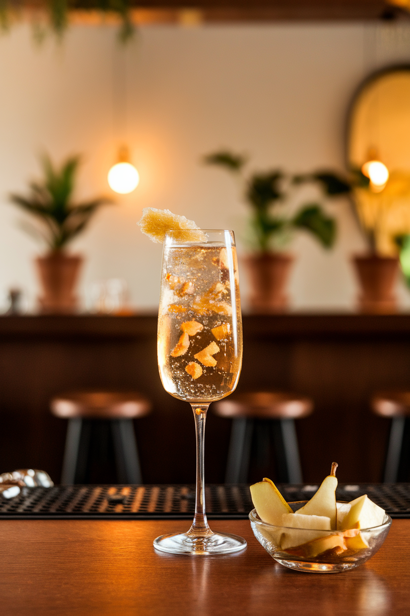An indoor cocktail bar with a flute holding golden bubbly dotted with tiny diced pear and a sliver of crystallized ginger. Photo, not illustration. No text or logos.