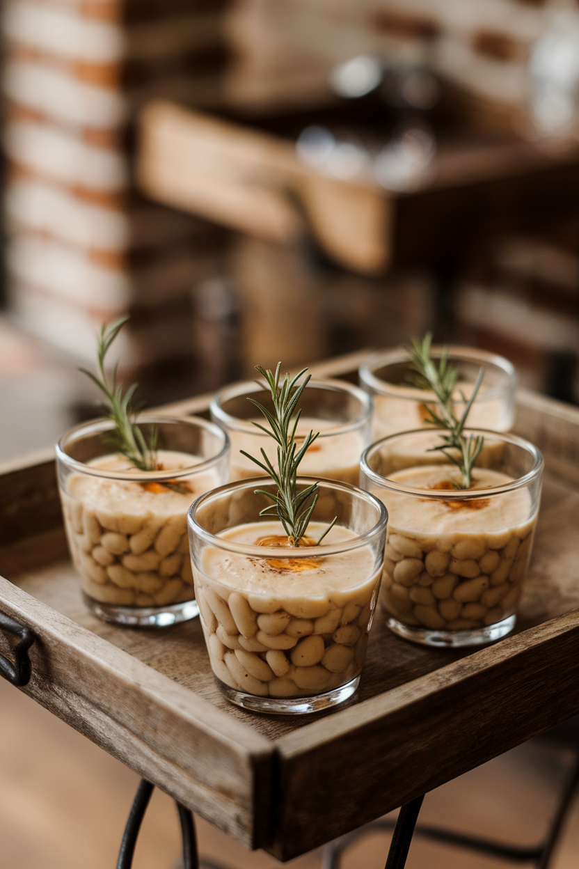 Small indoor glass cups holding creamy white bean soup garnished with a rosemary tip; set on a wooden tray, no text or logos.