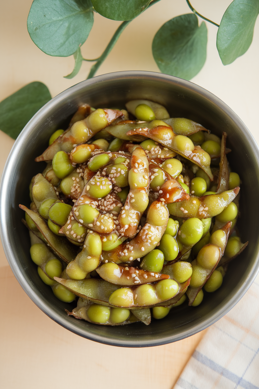 Photo of an indoor shallow dish containing steamed edamame pods tossed in soy, sesame oil, and sesame seeds, sheen of glaze catching the light; no text or logos.