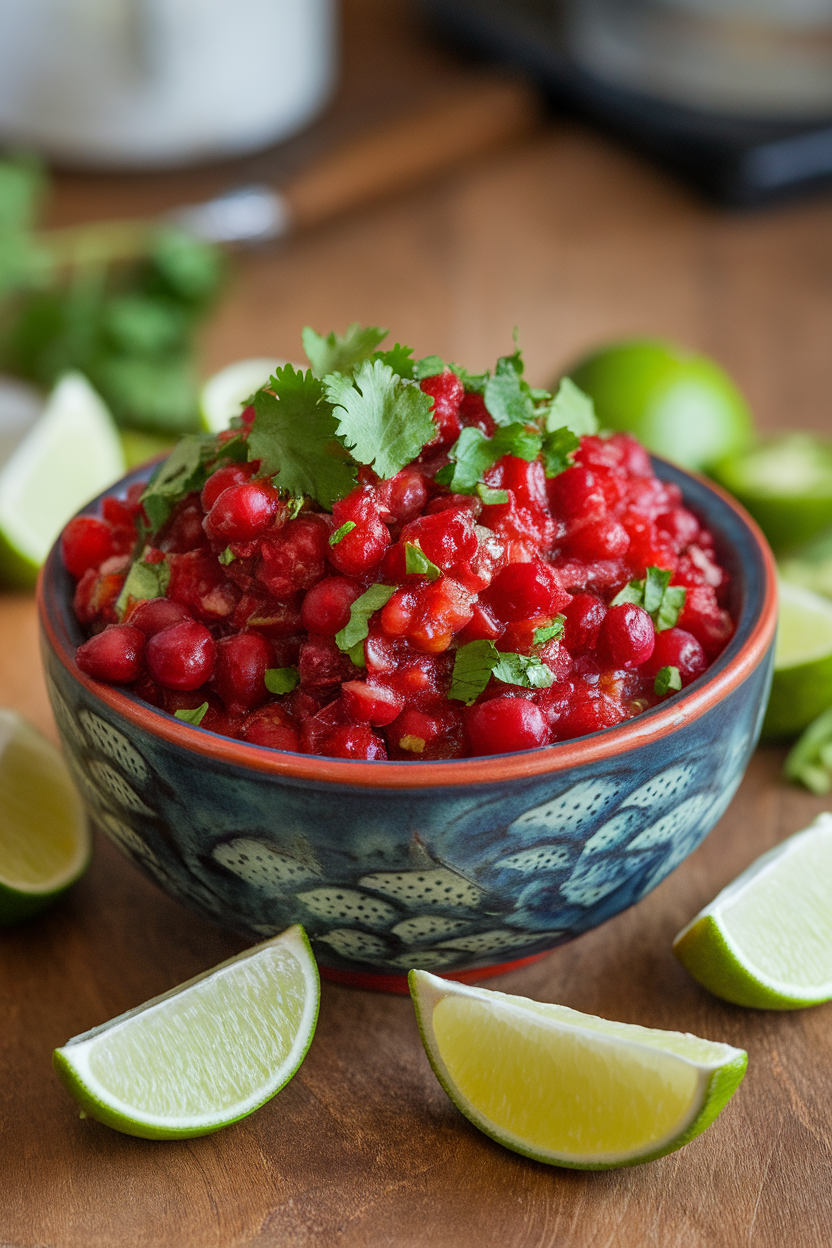 A ceramic bowl of vibrant red cranberry salsa flecked with jalapeño and cilantro on a wooden indoor table, lime wedges nearby. Photo, no text or logos.