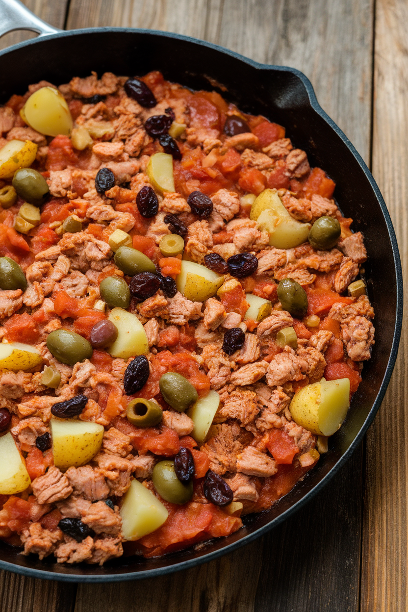 Indoor photo of a skillet filled with ground turkey picadillo featuring olives, raisins, and diced potatoes in tomato sauce, no text or logos.