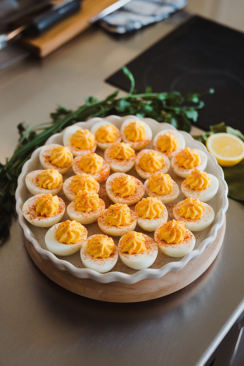 An indoor kitchen island scene showing a white ceramic platter of deviled eggs sprinkled generously with smoked paprika, shot slightly overhead. No text or logos present. Photo only.