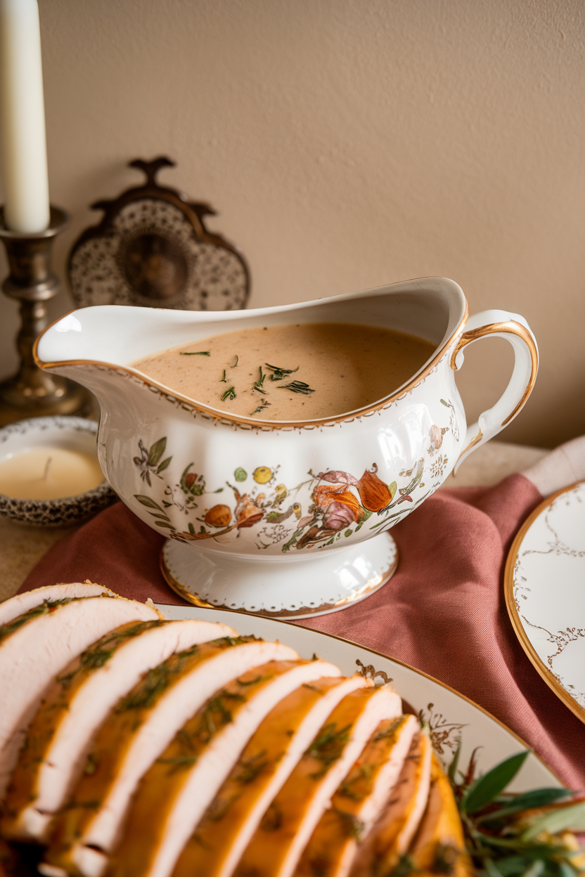 A gravy boat filled with light brown turkey gravy, herbs floating on top, placed indoors next to sliced turkey. No text or logos.
