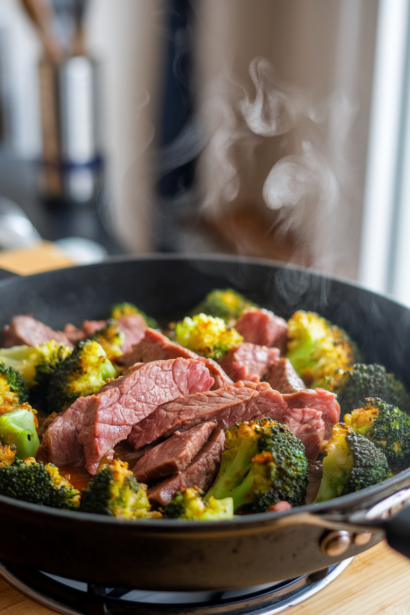 An indoor skillet filled with lean beef strips and bright green broccoli florets coated in glossy garlic-ginger sauce, steam swirling upward. No text or logos present.